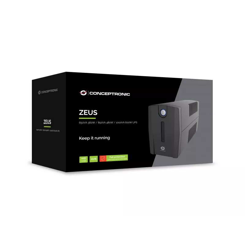 Conceptronic ZEUS02G 850VA 480W UPS, UK ligzdas x 2, HID USB, RJ45 Ieeja/Izeja, AVR