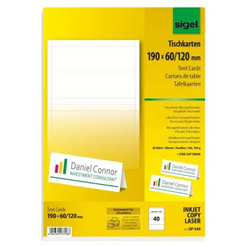 Sigel DP049 galda kartītes, 190 x 60 mm, 185 g/m², spilgti baltas, 40 gab. (20 loksnes x 2)