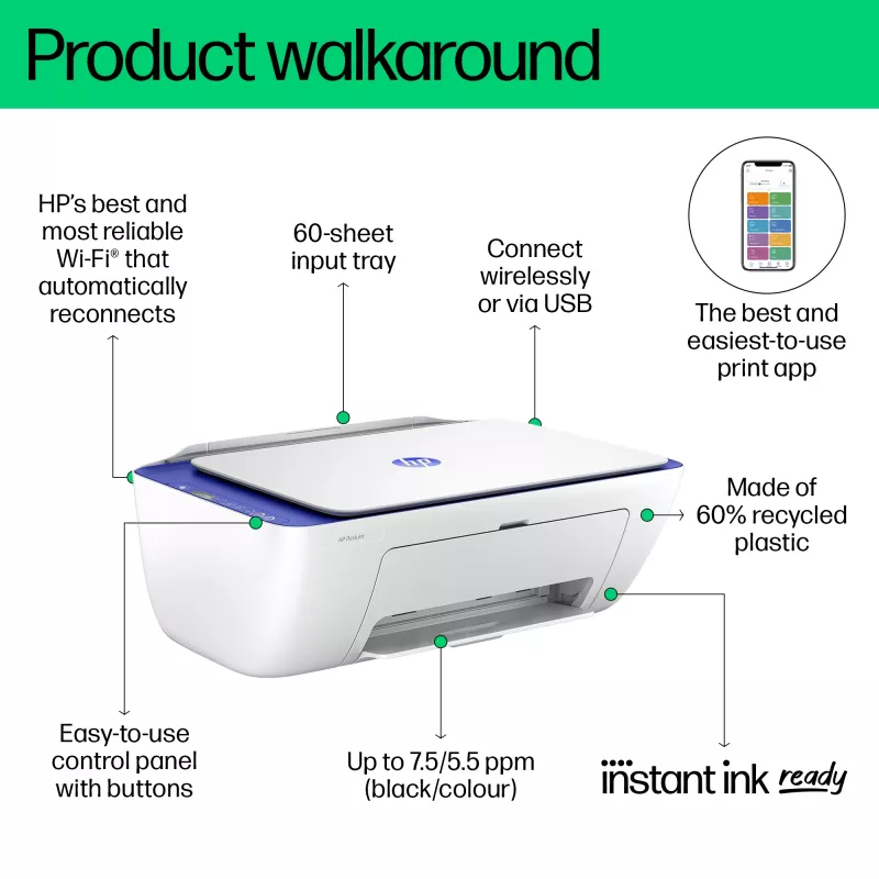 HP DeskJet 2821e bezvadu daudzfunkciju krāsu printeris, Instant Ink; kopētājs, skeneris