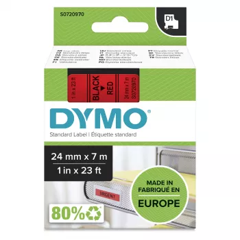 DYMO autentiskās D1 uzlīmes | 24 mm x 7 m rullis | melna druka uz sarkana | pašlīmējošas uzlīmes LabelManager uzlīmju printeriem
