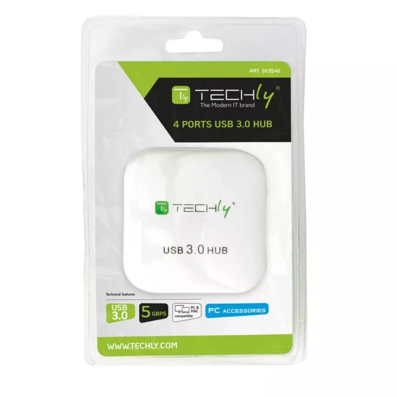 Techly USB 3.0 Super Speed Hub 4 Portu Balts IUSB3-HUB4-WH, USB 3.2 Gen 1 (3.1 Gen 1) Type-A, 5000 Mbit/s, Balts, 0.8 m, CE, RoHS, USB 2.0 USB 1.1