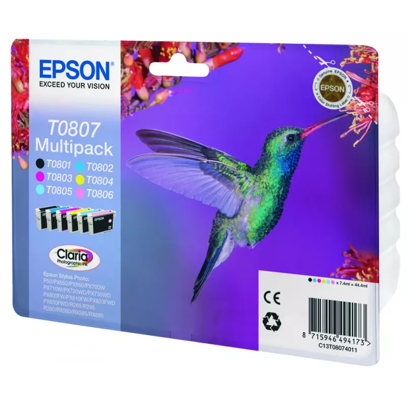 Epson Hummingbird daudzpaka, 6 krāsas, T0807 Claria Photographic tintes