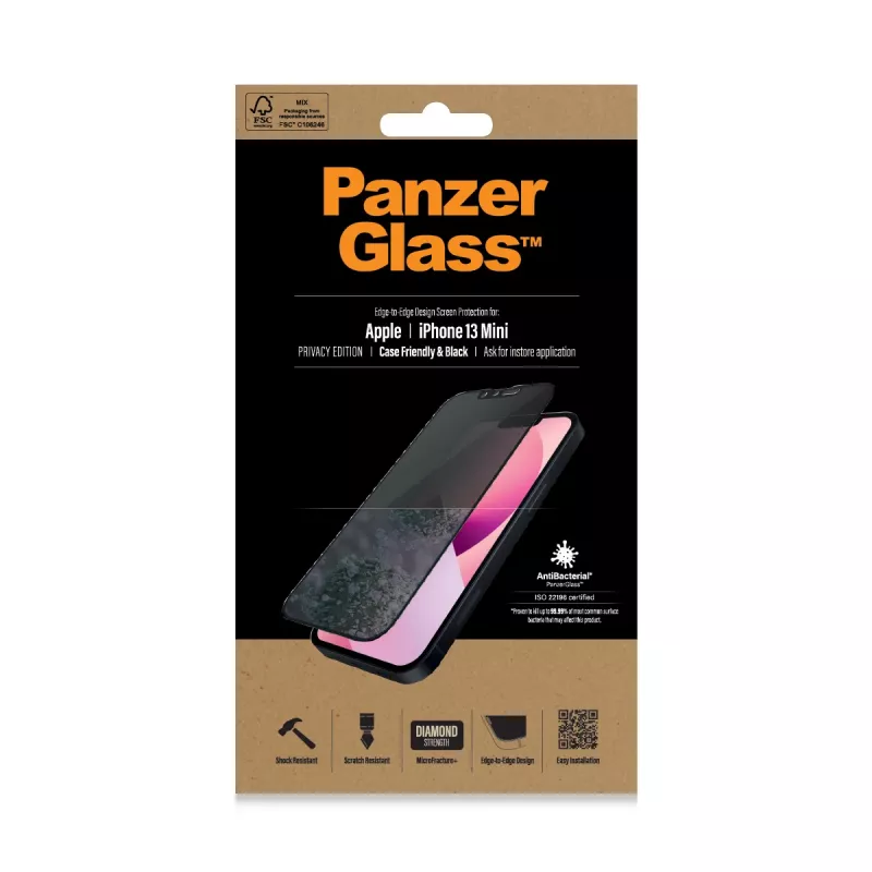 PanzerGlass privātuma ekrāna aizsargs Apple iPhone 13 Mini no malas līdz malai, izturīgs pret skrāpējumiem un triecieniem