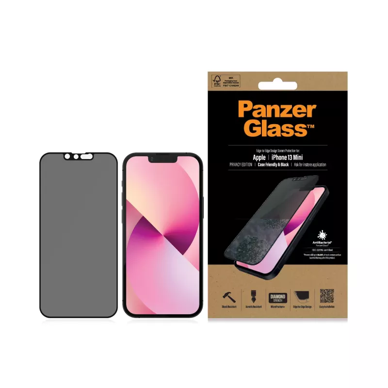 PanzerGlass privātuma ekrāna aizsargs Apple iPhone 13 Mini no malas līdz malai, izturīgs pret skrāpējumiem un triecieniem