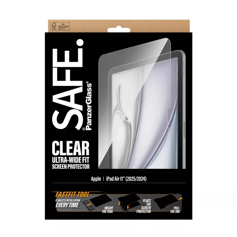 PanzerGlass SAFE. by ® ekrāna aizsargs iPad Air 11 collu (2024‑2026) | īpaši plata piemērotība ar Fastfit instrumentu