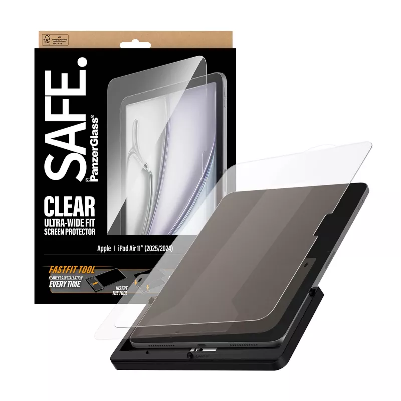 PanzerGlass SAFE. by ® ekrāna aizsargs iPad Air 11 collu (2024‑2026) | īpaši plata piemērotība ar Fastfit instrumentu