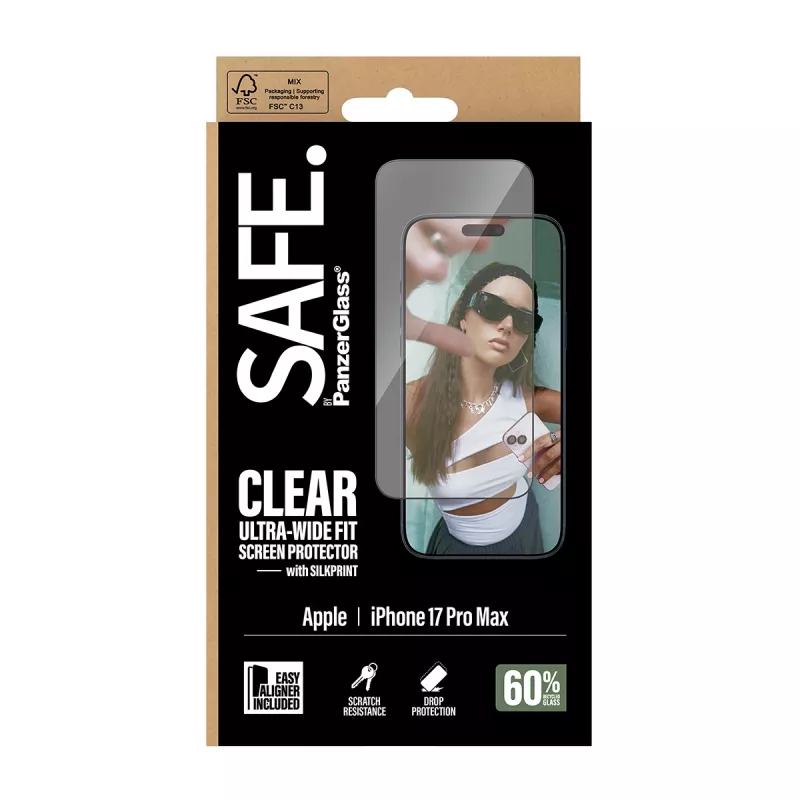 Ekrāna aizsargs PanzerGlass SAFE. priekš iPhone 17 Pro Max – Īpaši plata PET plēve ar melnu rāmi, EasyAligner, izturīgs pret skrāpējumiem un triecieniem