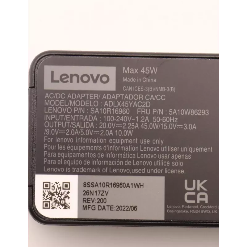 Lenovo 5A10W86293 barošanas adapteris/invertors Iekštelpām 45 W Melns