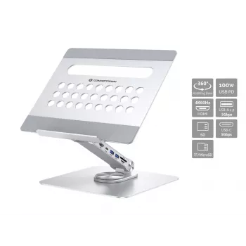 Conceptronic DONN27G, klēpjdatora statīvs, sudraba krāsa, alumīnijs, 360°, USB 3.2 Gen 1 (3.1 Gen 1) Type-C, 5000 Mbit/s