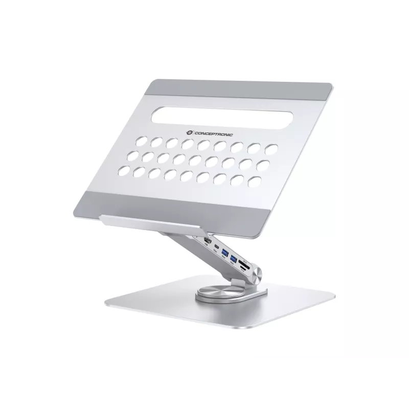 Conceptronic DONN27G, klēpjdatora statīvs, sudraba krāsa, alumīnijs, 360°, USB 3.2 Gen 1 (3.1 Gen 1) Type-C, 5000 Mbit/s