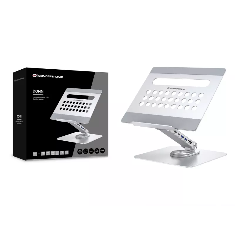 Conceptronic DONN27G, klēpjdatora statīvs, sudraba krāsa, alumīnijs, 360°, USB 3.2 Gen 1 (3.1 Gen 1) Type-C, 5000 Mbit/s