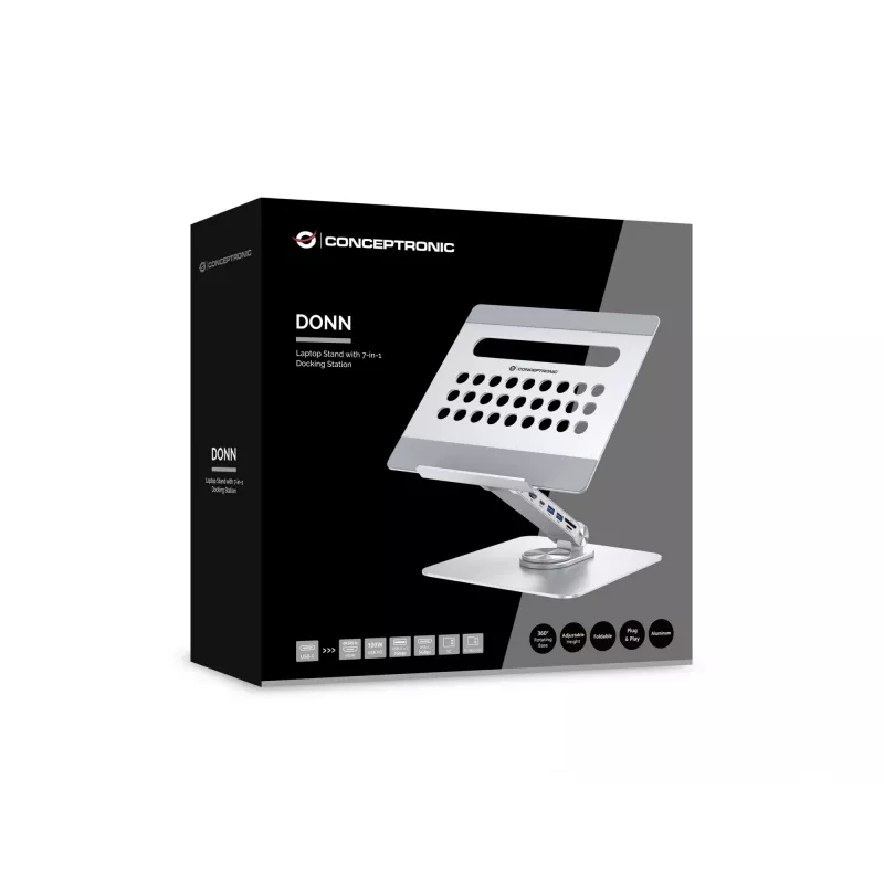Conceptronic DONN27G, klēpjdatora statīvs, sudraba krāsa, alumīnijs, 360°, USB 3.2 Gen 1 (3.1 Gen 1) Type-C, 5000 Mbit/s