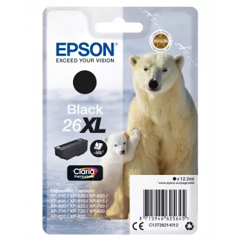Epson Singlepack Melns 26XL Claria Premium Ink, High (XL) Yield, Melns, pigmenta tinte, 12.2 ml, 1 gab., 500 lapas