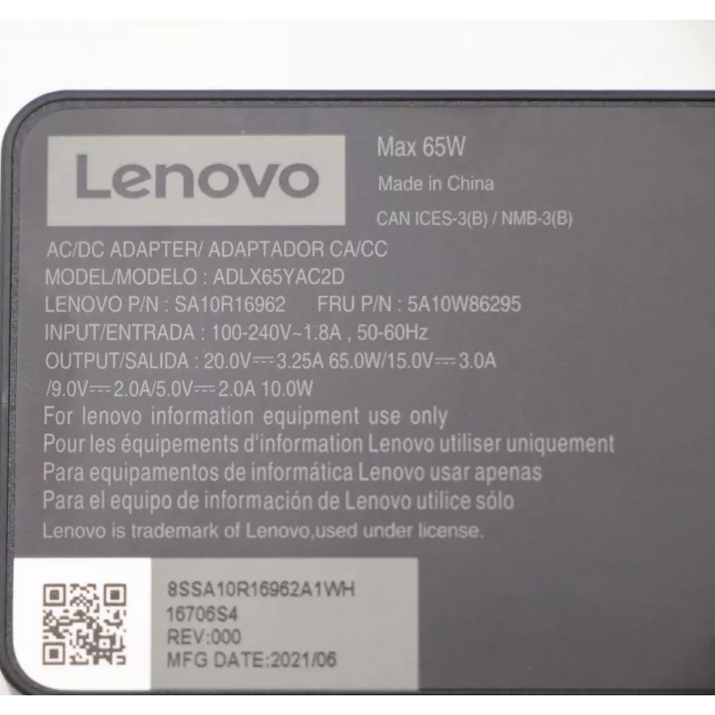 Lenovo 5A10W86295 strāvas adapteris / pārveidotājs iekštelpām 65 W melns