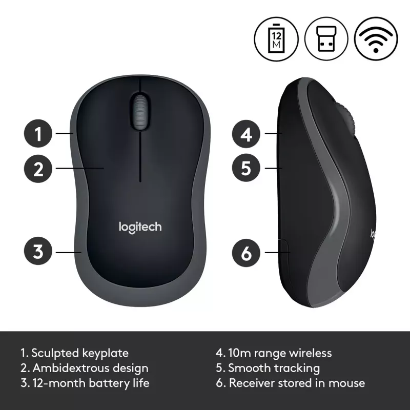 Logitech M185 Swift bezvadu pele, pelēka