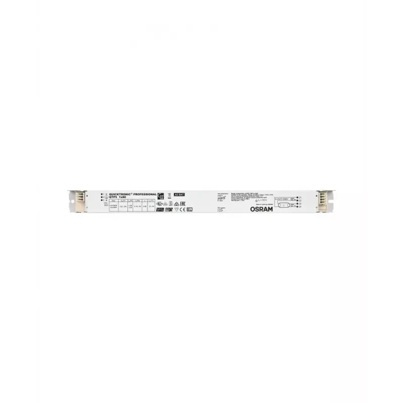Elektroniskais balasts Osram QTP5 1X80, kalpošanas laiks 100000 h, maiņstrāva 198–264 V, 50/60 Hz, 40 A, -20–50 °C, 360×30×21 mm