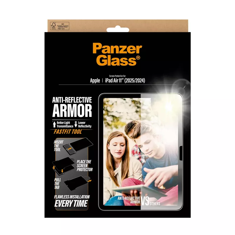 Ekrāna aizsargs PanzerGlass Anti-Reflective Armor iPad Air 11 collu (2024–2026) Ultra-Wide Fit ar FastFit instrumentu, PET/silikons