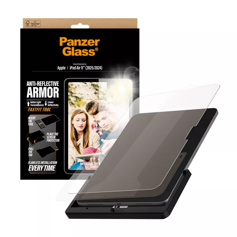 Ekrāna aizsargs PanzerGlass Anti-Reflective Armor iPad Air 11 collu (2024–2026) Ultra-Wide Fit ar FastFit instrumentu, PET/silikons