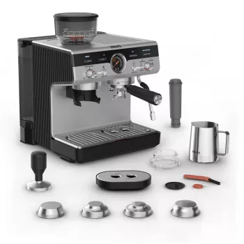 Espresso automāts KRUPS XP801T pusautomātiskais ar iebūvētu dzirnaviņu, 3 L ūdens tvertne, 2 krūzīšu padeve, melns/nerūsējošais tērauds
