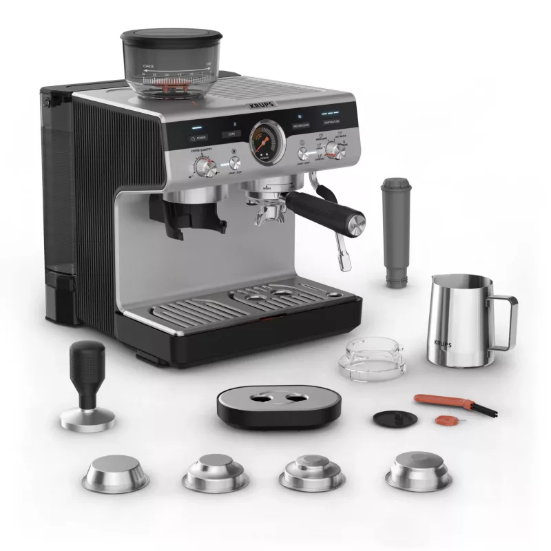 Espresso automāts KRUPS XP801T pusautomātiskais ar iebūvētu dzirnaviņu, 3 L ūdens tvertne, 2 krūzīšu padeve, melns/nerūsējošais tērauds