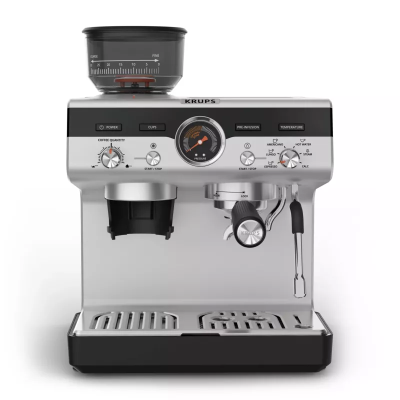 Espresso automāts KRUPS XP801T pusautomātiskais ar iebūvētu dzirnaviņu, 3 L ūdens tvertne, 2 krūzīšu padeve, melns/nerūsējošais tērauds