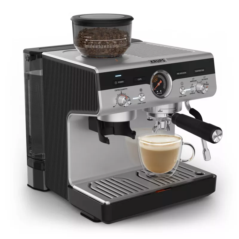 Espresso automāts KRUPS XP801T pusautomātiskais ar iebūvētu dzirnaviņu, 3 L ūdens tvertne, 2 krūzīšu padeve, melns/nerūsējošais tērauds