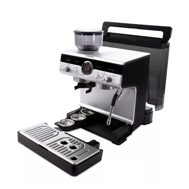Espresso automāts KRUPS XP801T pusautomātiskais ar iebūvētu dzirnaviņu, 3 L ūdens tvertne, 2 krūzīšu padeve, melns/nerūsējošais tērauds