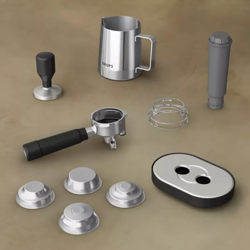 Espresso automāts KRUPS XP801T pusautomātiskais ar iebūvētu dzirnaviņu, 3 L ūdens tvertne, 2 krūzīšu padeve, melns/nerūsējošais tērauds
