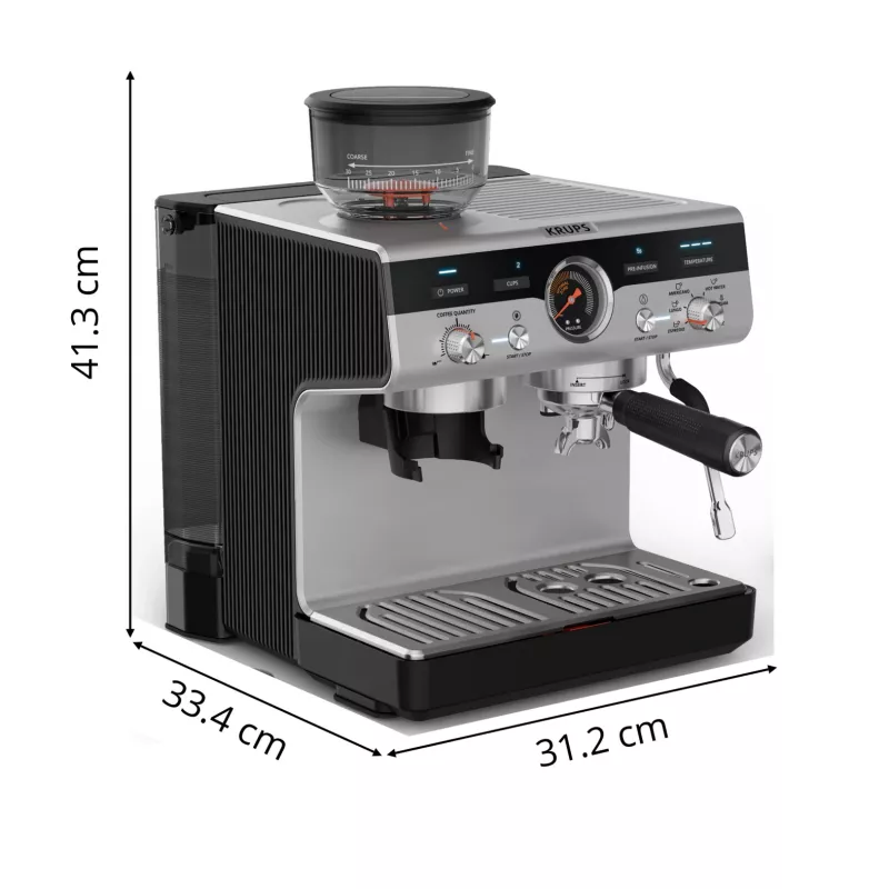 Espresso automāts KRUPS XP801T pusautomātiskais ar iebūvētu dzirnaviņu, 3 L ūdens tvertne, 2 krūzīšu padeve, melns/nerūsējošais tērauds