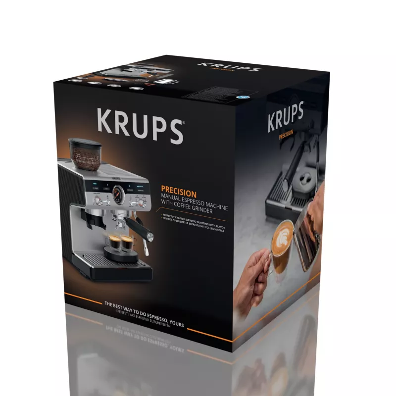 Espresso automāts KRUPS XP801T pusautomātiskais ar iebūvētu dzirnaviņu, 3 L ūdens tvertne, 2 krūzīšu padeve, melns/nerūsējošais tērauds