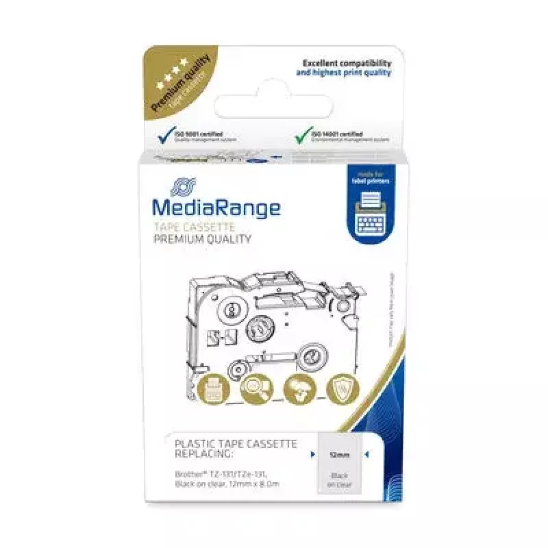 Plastmasas lentes kasete MediaRange TZ-131 12 mm melna uz caurspīdīgas