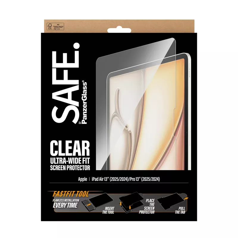 PanzerGlass SAFE. by ® Ekrāna aizsargs iPad Air 13 collas (2024-2026) | Pro 13 collas (2024-2025) | Īpaši plata pielāgošana ar Fastfit rīku