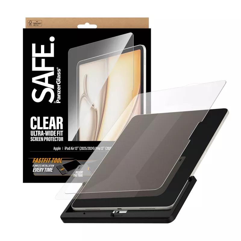 PanzerGlass SAFE. by ® Ekrāna aizsargs iPad Air 13 collas (2024-2026) | Pro 13 collas (2024-2025) | Īpaši plata pielāgošana ar Fastfit rīku