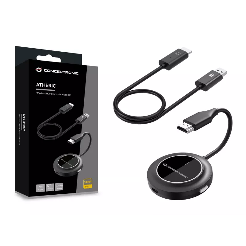 Bezvadu HDMI paplašinātāja komplekts CONCEPTRONIC ATHERIC02B — sargspraudnis, HDMI/USB, 1080p (1920x1080), barošana caur USB