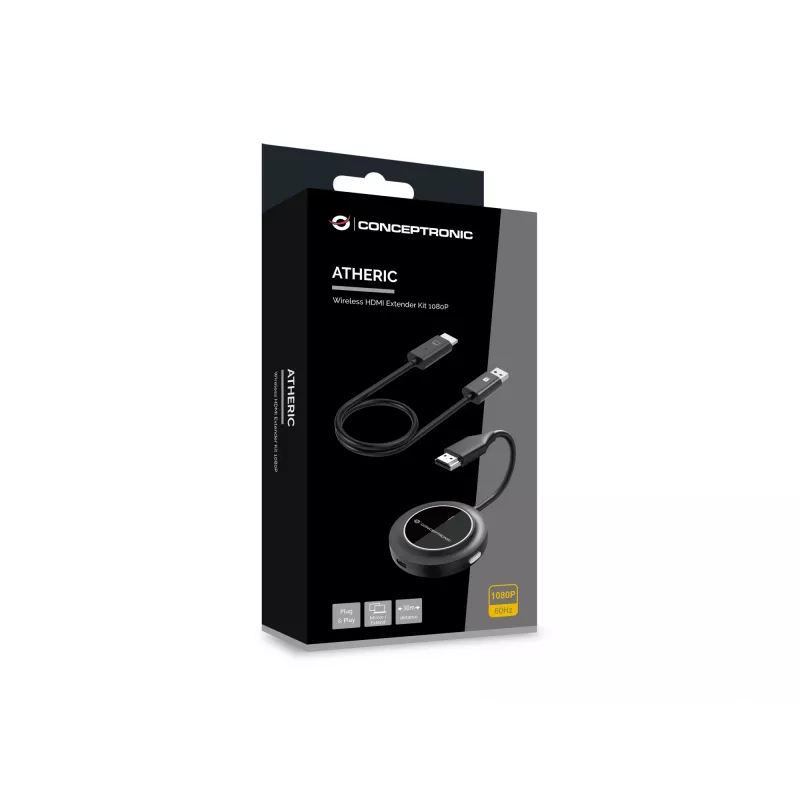 Bezvadu HDMI paplašinātāja komplekts CONCEPTRONIC ATHERIC02B — sargspraudnis, HDMI/USB, 1080p (1920x1080), barošana caur USB