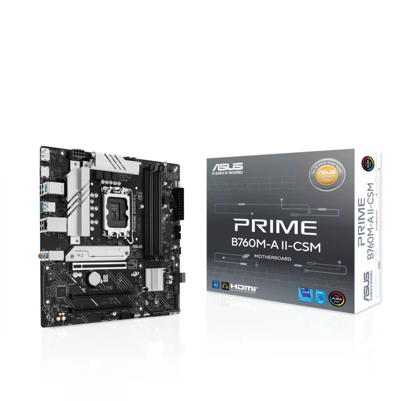 Mātesplate ASUS PRIME B760M-A II-CSM — Intel B760, LGA1700, microATX, DDR5, līdz 256GB, M.2/PCIe 4.0/SATA III, 2.5Gb Ethernet