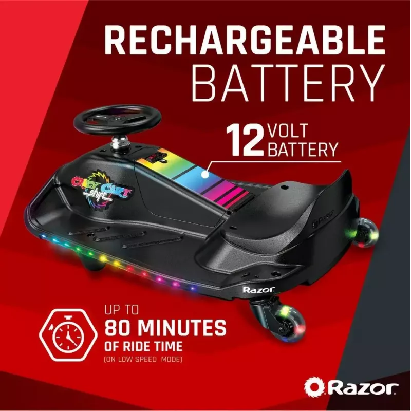 Elektriskais drift karts Razor CRAZY CART Shift Lightshow — uzlādējams litija akumulators, LED gaismas šovs, 13 km/h, 40 min