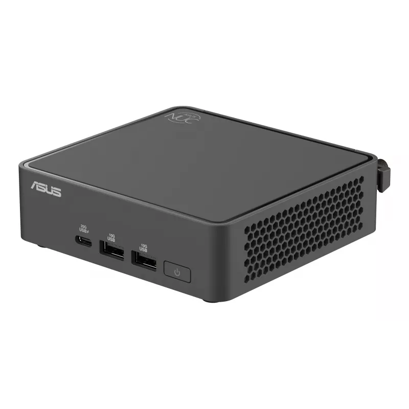 Mini-PC pamatkomplekts ASUS NUC 15 Pro plāns Kit RNUC15CRKI300000 — Core 3 100U līdz 4,7 GHz, bez RAM, Intel Graphics, Wi‑Fi 6/7, Bluetooth 5.4, 1 Gb + 2,5 Gb Ethernet, melns