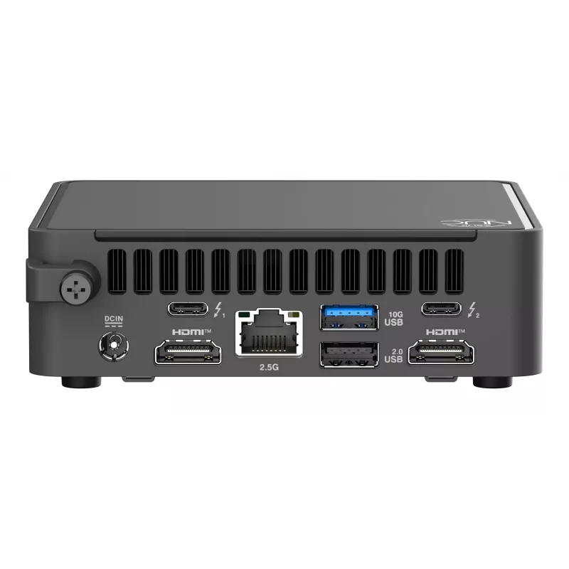Mini PC komplekts ASUS NUC 15 Pro Melns — Intel Core Ultra 5, DDR5 līdz 96 GB, M.2 SSD, Wi‑Fi 7, Bluetooth 5.4, 1x RJ‑45, 120W barošanas bloks