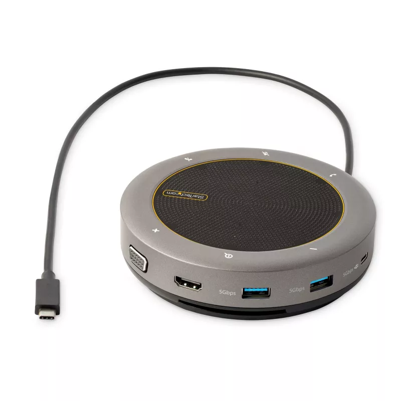 StarTech.com USB-C skaļruņa dokstacija, mini pārnēsājams konferences skaļrunis un audio doks, USB-C uz VGA/4K HDMI, 2x USB-A centrmezgls, mikrofons/skaļrunis, Teams/Zoom/softphone skaļrunis