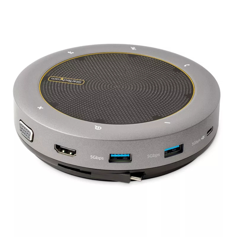 StarTech.com USB-C skaļruņa dokstacija, mini pārnēsājams konferences skaļrunis un audio doks, USB-C uz VGA/4K HDMI, 2x USB-A centrmezgls, mikrofons/skaļrunis, Teams/Zoom/softphone skaļrunis