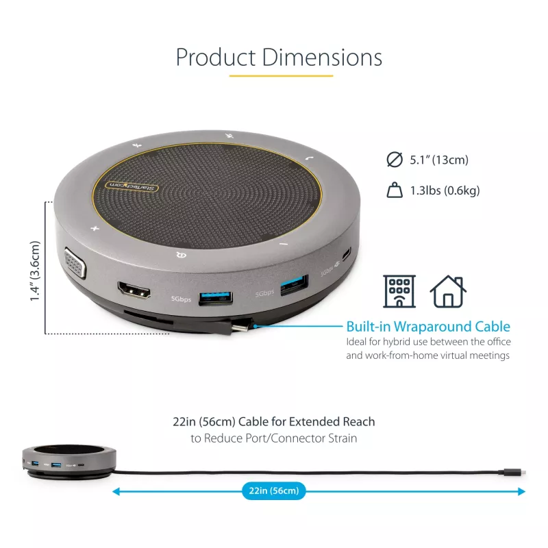 StarTech.com USB-C skaļruņa dokstacija, mini pārnēsājams konferences skaļrunis un audio doks, USB-C uz VGA/4K HDMI, 2x USB-A centrmezgls, mikrofons/skaļrunis, Teams/Zoom/softphone skaļrunis