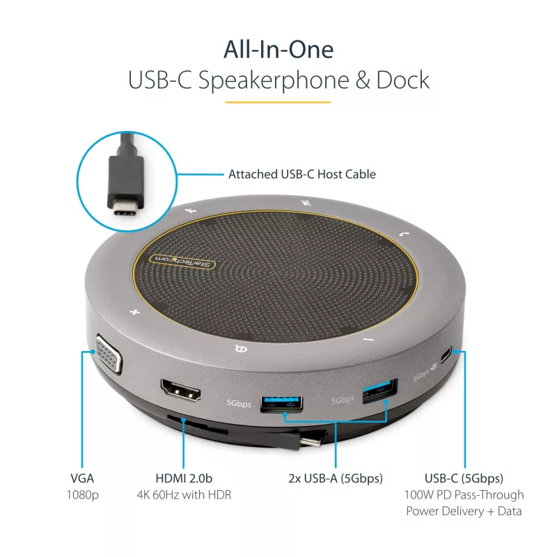 StarTech.com USB-C skaļruņa dokstacija, mini pārnēsājams konferences skaļrunis un audio doks, USB-C uz VGA/4K HDMI, 2x USB-A centrmezgls, mikrofons/skaļrunis, Teams/Zoom/softphone skaļrunis
