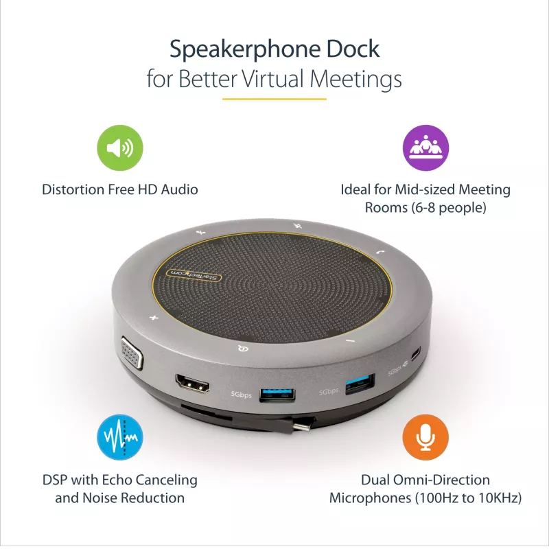 StarTech.com USB-C skaļruņa dokstacija, mini pārnēsājams konferences skaļrunis un audio doks, USB-C uz VGA/4K HDMI, 2x USB-A centrmezgls, mikrofons/skaļrunis, Teams/Zoom/softphone skaļrunis