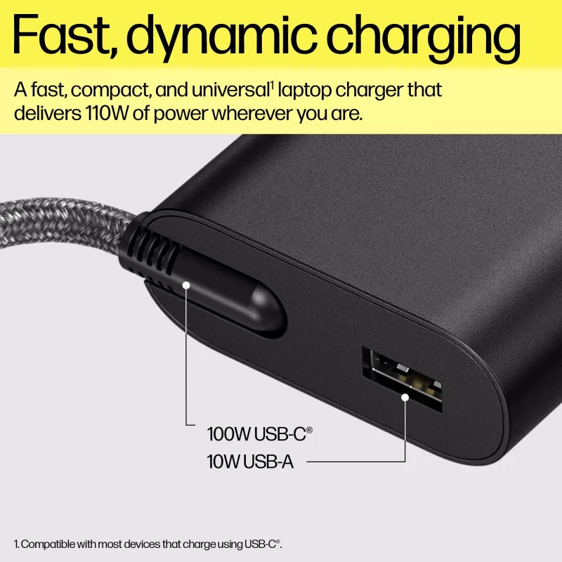 HP 110W USB-C klēpjdatora lādētājs, klēpjdatoram, iekštelpām, 43 - 63 Hz, 110 W, 5V/9V/12V/15V/20V, 1,6 A