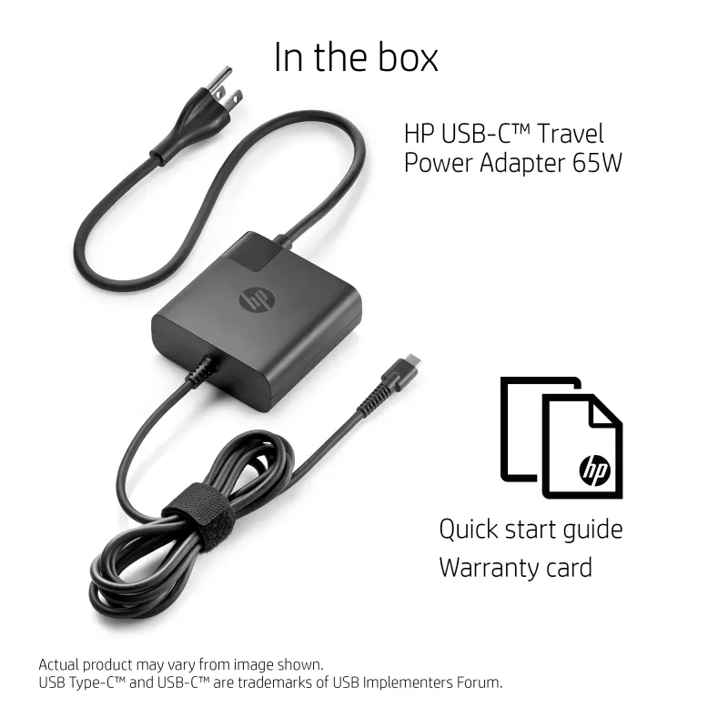 AC USB-C ceļojumu strāvas adapteris 65 W — HP — kompakts 100–240 V iekštelpu lādētājs, melns, 74×74×28,5 mm