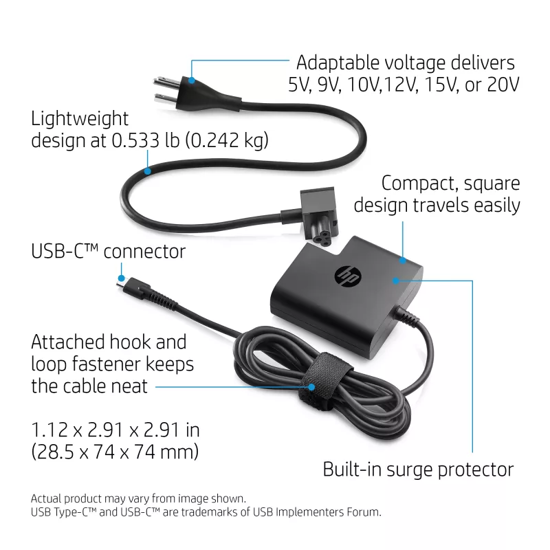 AC USB-C ceļojumu strāvas adapteris 65 W — HP — kompakts 100–240 V iekštelpu lādētājs, melns, 74×74×28,5 mm