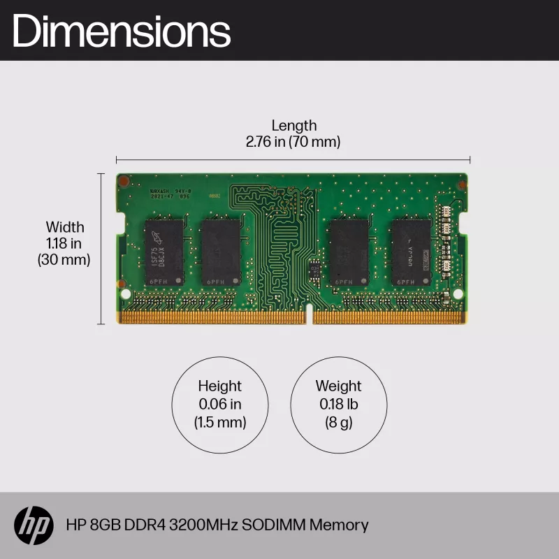 HP 8 GB DDR4 3200 SODIMM atmiņa, Biznesa klases, Windows 10, Windows 11, 70 mm, 30 mm, 1,5 mm, 8 g