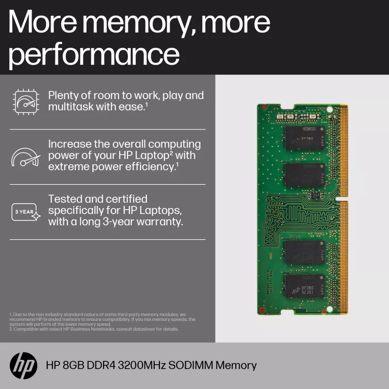 HP 8 GB DDR4 3200 SODIMM atmiņa, Biznesa klases, Windows 10, Windows 11, 70 mm, 30 mm, 1,5 mm, 8 g
