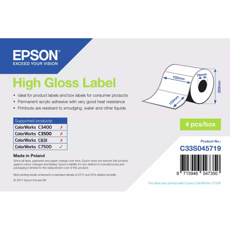 Epson augstspīdīgā etiķete - štancēts rullis: 102mm x 152mm, 800 etiķetes